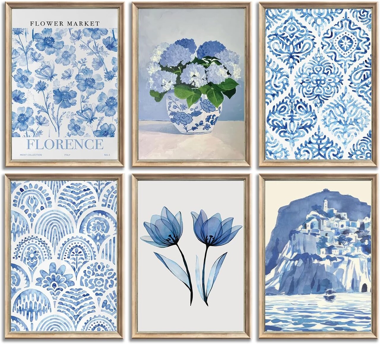 6Pcs Blue coastal Wall Art Flowers Aesthetic Wall Decor Pictures Trendy Minimalist Posters